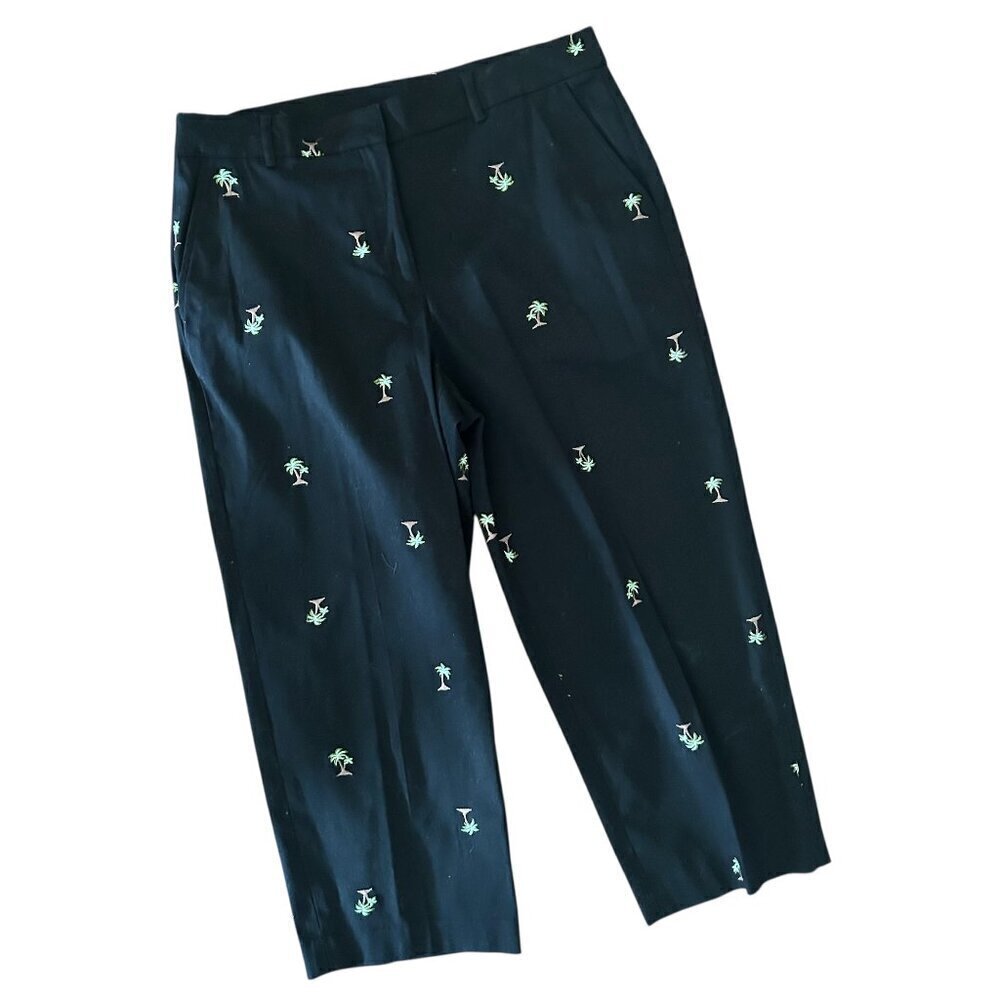 Palm Tree Embroidered Capri Black Pants Vacation Resortwear Size 12